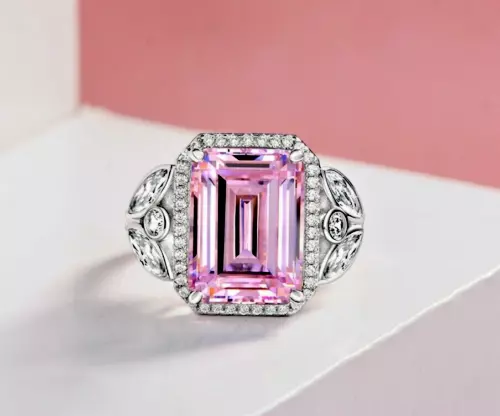Lab Created Pink Sapphire 3.Ct Emerald Beautiful Halo Ring 14K White Gold Plated