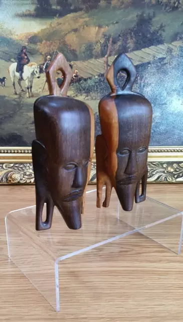 Pair 2 Vintage Hand Carved Wooden African Tribal Wall Hanging Masks, Heads