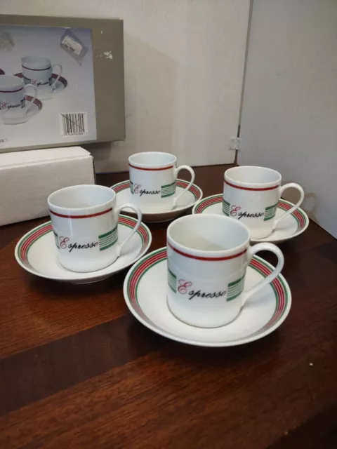 Set of 4 Crown Porcelain Prestige Italia Deco Demitasse Espresso Cups & Saucers