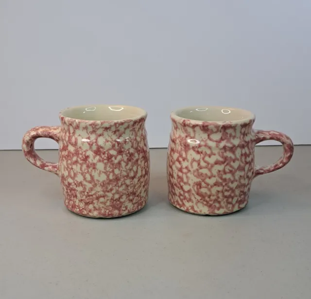 Two Roseville Gerald E. Henn Spongeware Coffee Mugs Light Red Pink 3.5" Tall 2