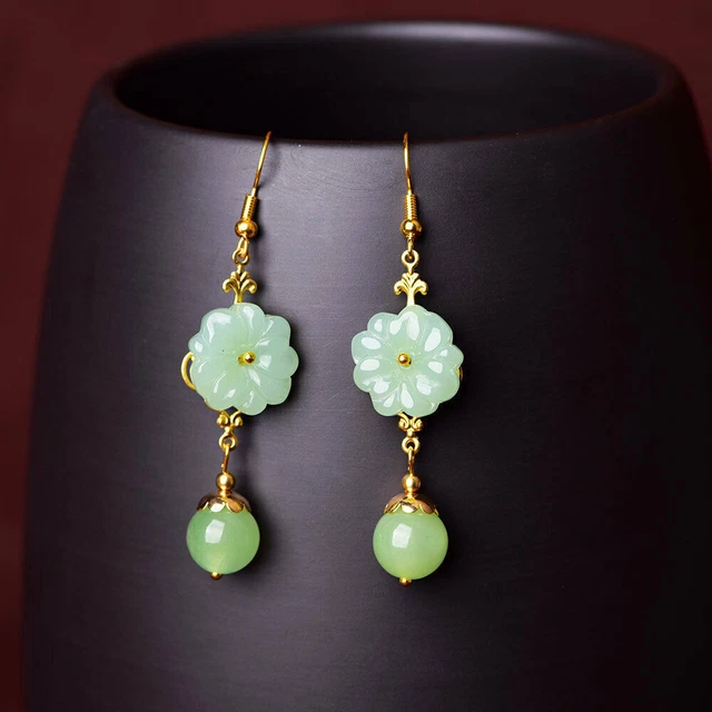 Green Jade Flower Earrings Natural Designer 925 Silver Women Real Jewelry