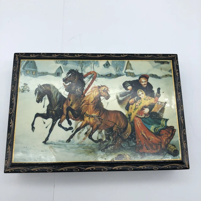 Boyarinoff Russian Lacquer Tea Box Winter Scene horses couple