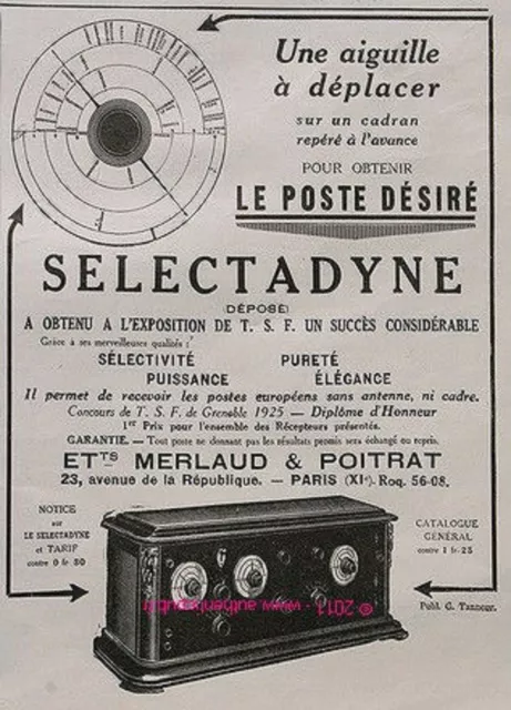Publicite Poste Tsf Selectadyne Merlaud & Poitrat Aiguille De 1925 French Ad Pub