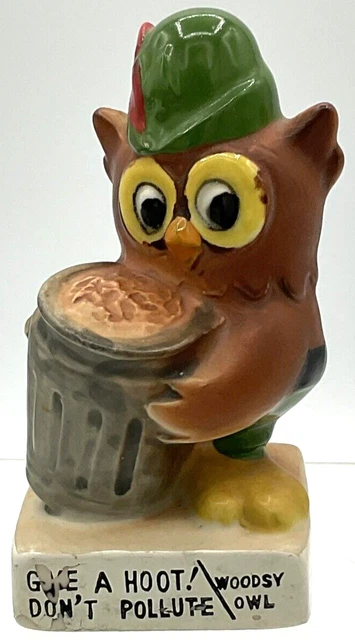 Vintage Woodsy Owl Ceramic Figurine Give a Hoot! Don’t Pollute Trash Can Litter