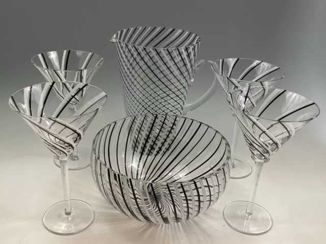 Elegant MCM Retro Black & White Pinstripe Swirl Blown Glass Cocktail Set.