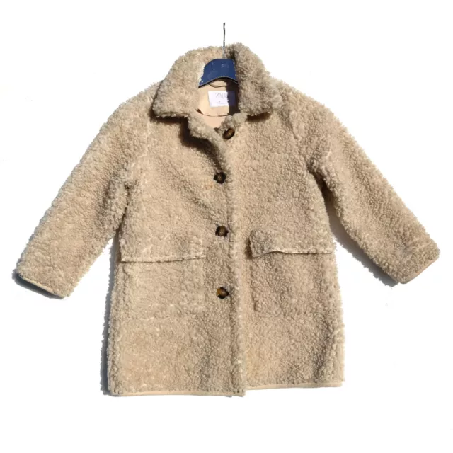 Zara girls sherpa coat 7 years long teddy fleece button up pockets faux suede