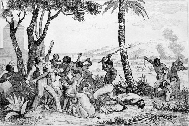 SAINT-DOMINGUE - RÉVOLTE des NOIRS et INCENDIE de la PLAINE du CAP - Gravure 19e