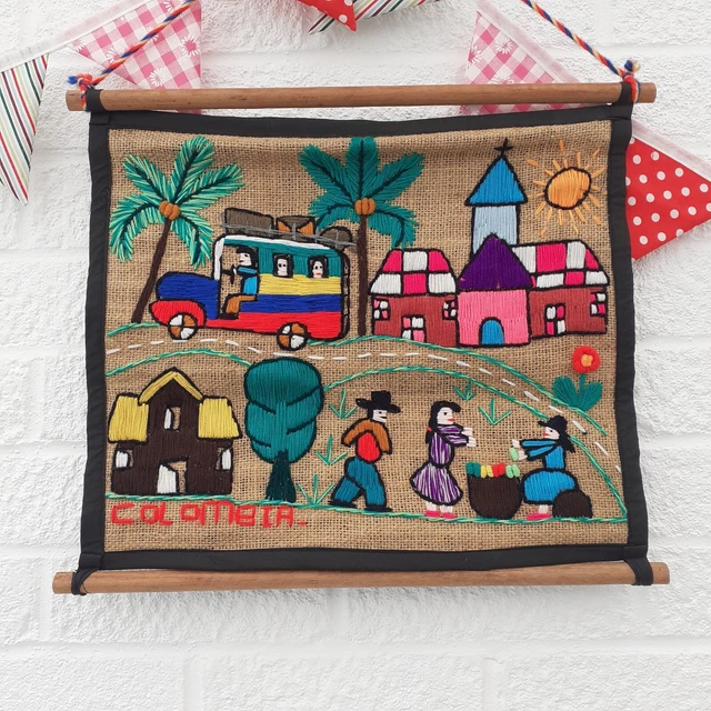 Vintage handgewebte Volkskunst Wandteppich Wandhänge Kunstdekor Kolumbien Kolumbien