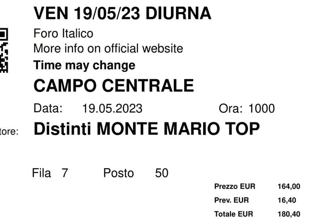 2 Biglietti INTERNAZIONALI BNL d'ITALIA Roma 2023 Sess. Diurna Venerdì 19/05/23