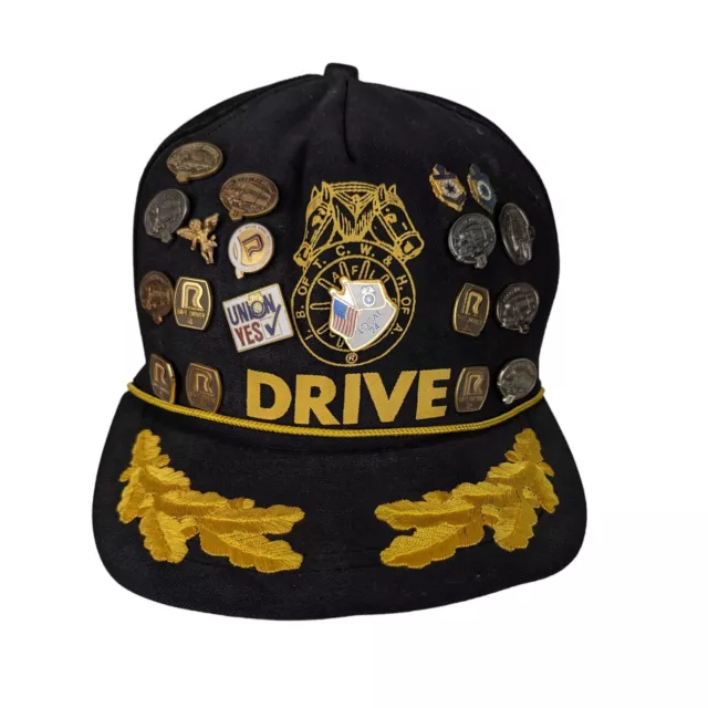 Vintage Teamsters Union DRIVE Trucker Hat w/ Roadway Safe Driver Pin Collection