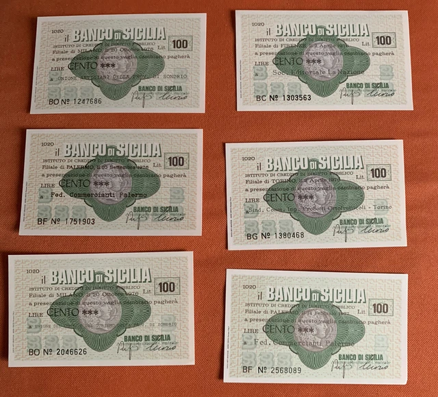 Miniassegni Il Banco di Sicilia FDS LOTTO 6 pezzi fior di stampa, 1976 e 1977
