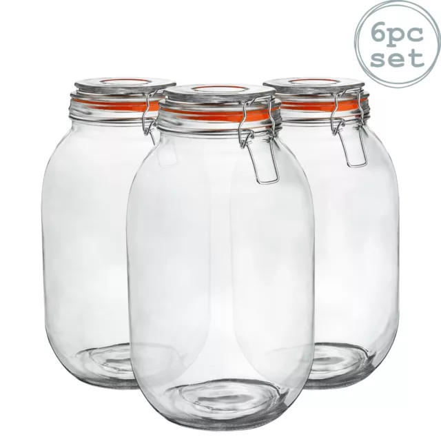 Glass Storage Jars Airtight Clip Top Lid Food Preserve Preserving Jar 3 Litre x6