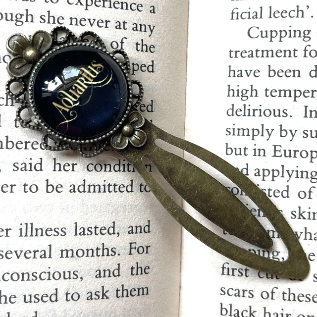 AQUARIUS -  Zodiac , Birthday, Antique Gold Cabochon Bookmark Book Gift