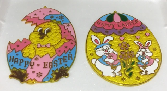 2 Vintage Easter Bunny Rabbit Egg Plastic Stained Glass Look Window Suncatchers