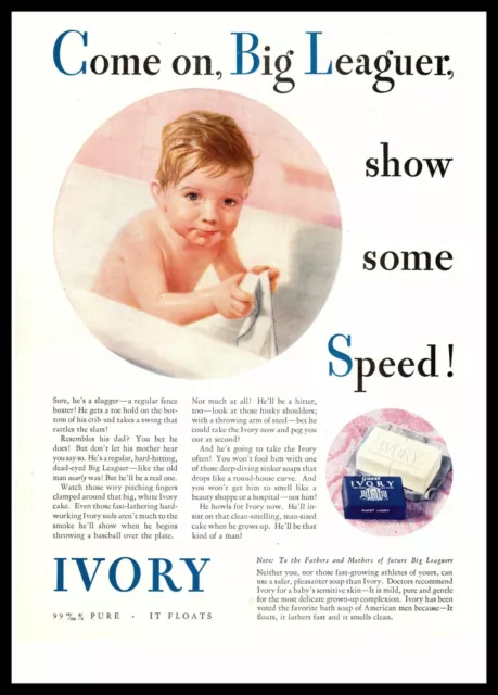 1932 Ivory Soap ""Come On Big Leaguer, Show Some Speed" Boy In Bathtub Print Ad