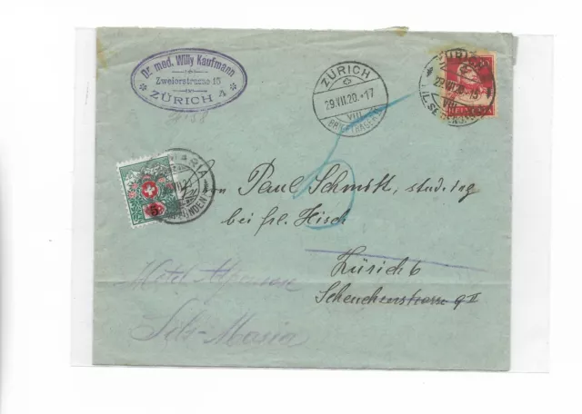 Schweiz / Porto / P 38 auf Brief m. 10 C. Tell 1920 nach Zürich, weitergel. nach