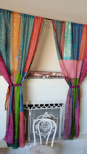 2 Pz Sari Indiano Patchwork Tenda Drappo Finestra Decorazione Multi Seta