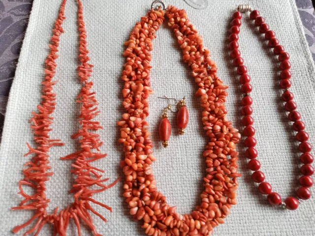 3 Paar echte wunderschöne rote Korallenketten +1paar 5cm lange Ohrhänger