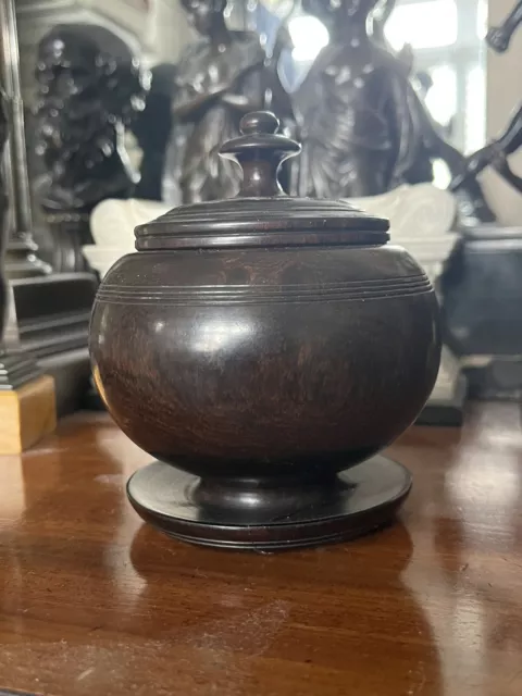 Antique Lignum Vitae Victorian Treen Turned Circular Lidded Tobacco Jar Pot Urn