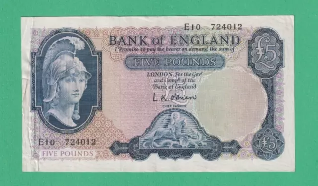 Bank of England - 1957 - O'Brien - £5 Britannia  Banknote - E10 Last Letter