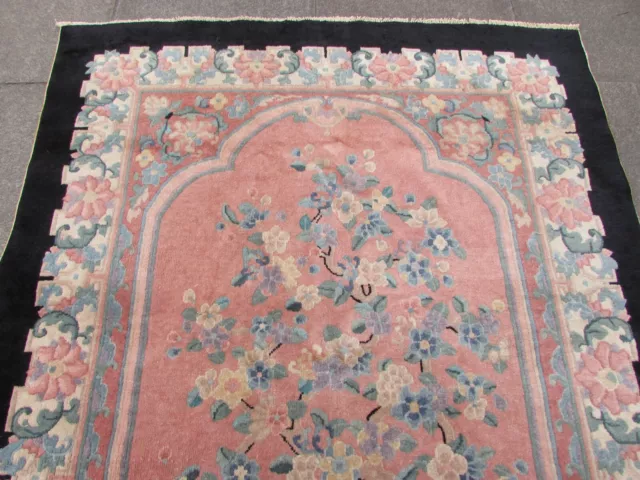 Ancien Main Fabriqué Art Déco Chinois Oriental Rose Noir Laine Tapis 240x153cm 3