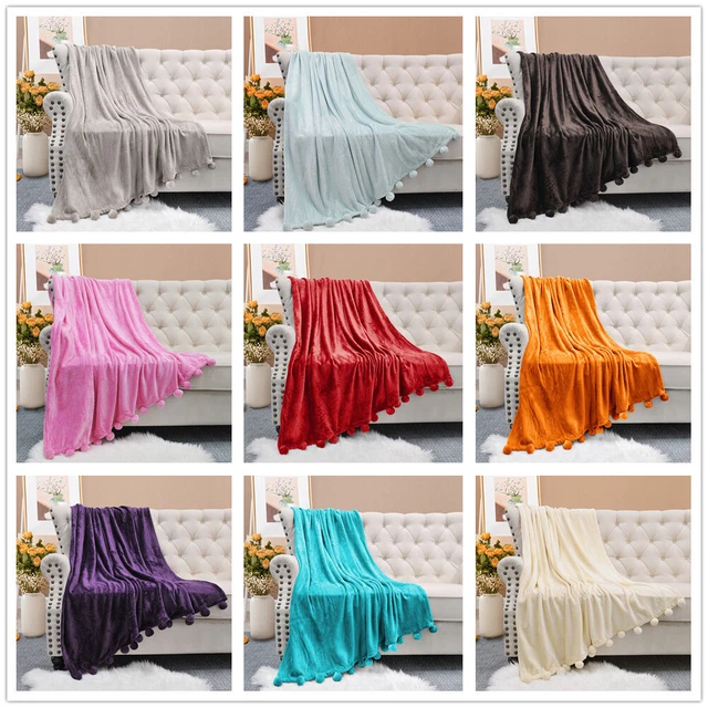 Fleece Throw Blanket with Pompom Fringe Super Soft Cozy Lightweight Plush Throws
