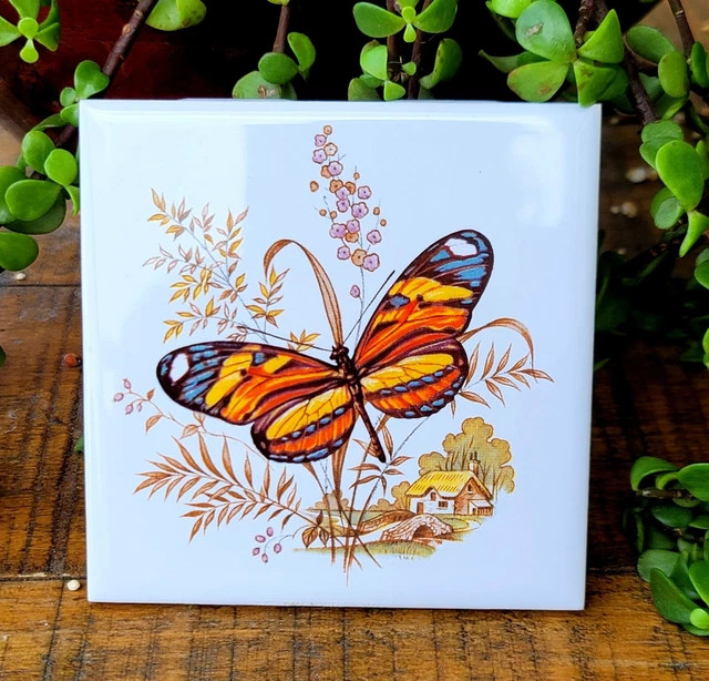 Vintage Retro Butterfly in Countryside Ceramic Tile 4.5"x4.5" Made Thailand