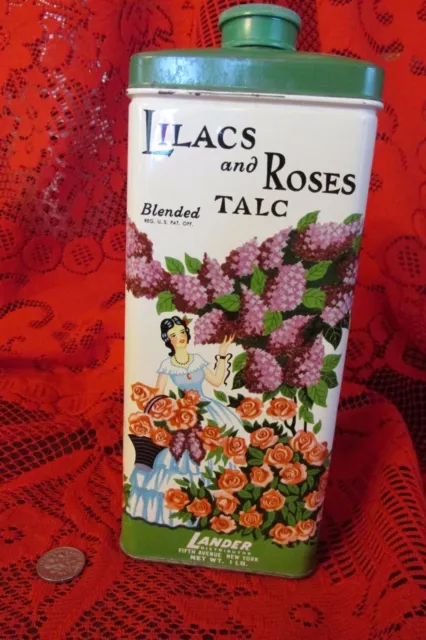 Collectible Vintage Lander LILACS and ROSES Blended TALC Powder Tin, large 2