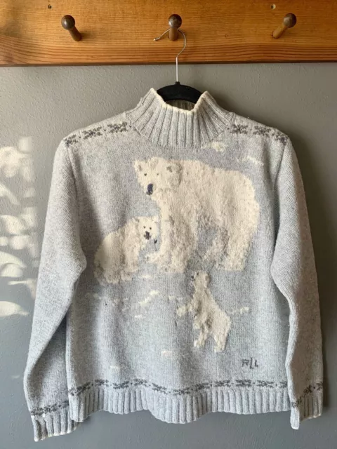 RARE Vintage Ralph Lauren Polar Bear Exclusive Wool Hand knit Gray sweater L