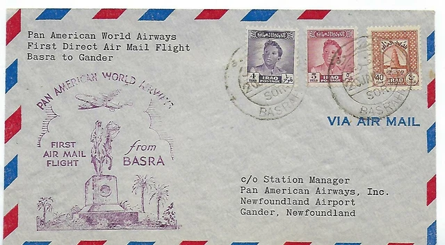 Iraq 1949 First Flight Basrah To Gander New Foundland Rare