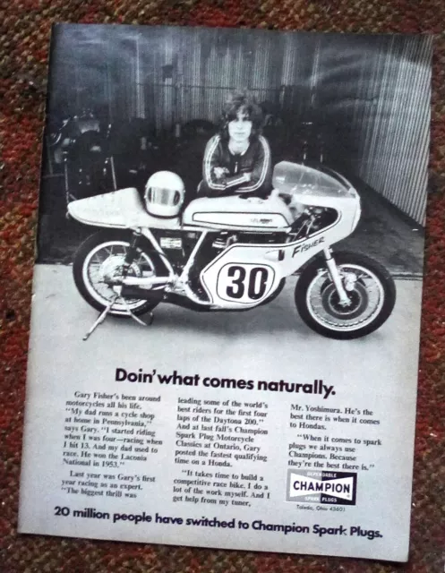 1972 Champion Spark Plugs Gary Fisher Motorcycle Print Ad