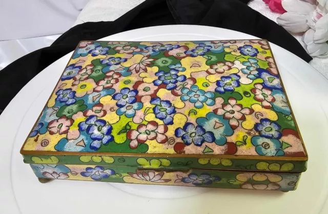 Vtg Chinese Cloisonne Enamel Hinged Box/ Trinket Box Floral 6X 4.5"-A1