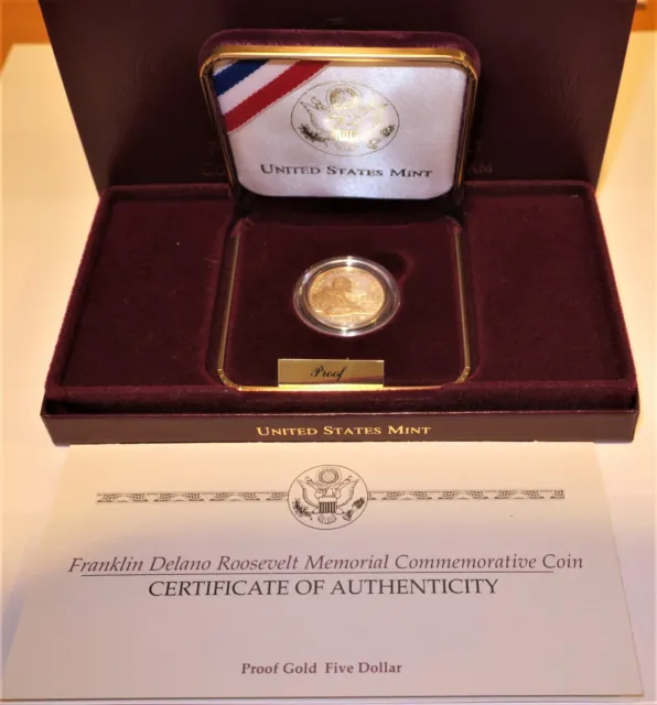 Us Franklin Roosevelt Fdr $5.00 Gold Coin Proof Coa And Original Box