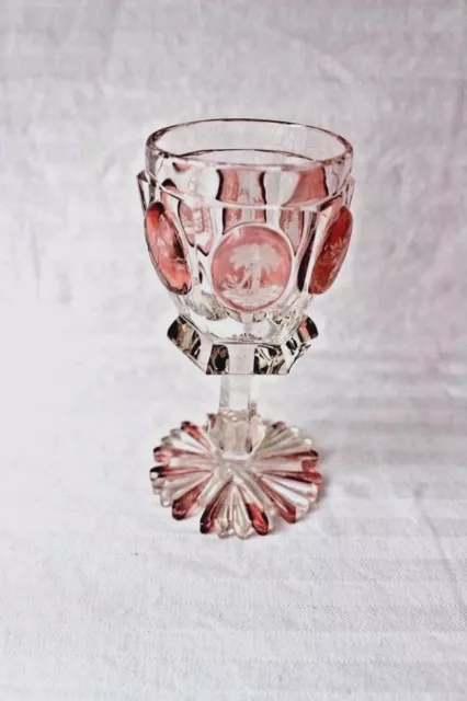 Antique Bohemian Biedermeyer cut glass pink panelled chalice 1840-1850