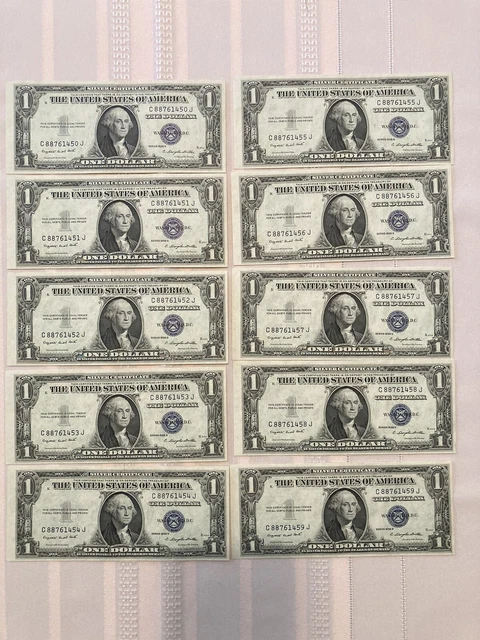 Lot of 10 consecutive 1935-G 1935G Silver Certificates dollar Crisp Unc. Notes