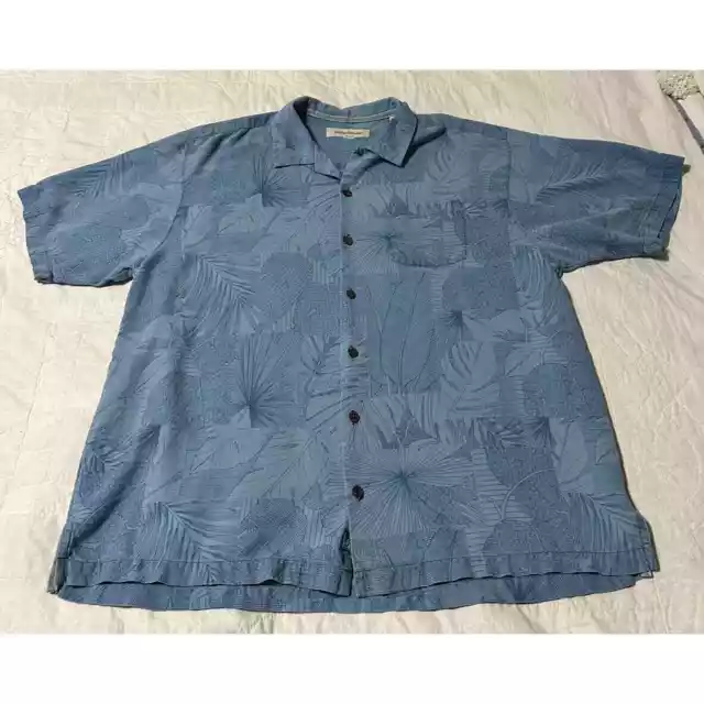 Tommy Bahama Shirt Mens Size XL Blue Palm Leaves 100% Silk Hawaiian Button Up