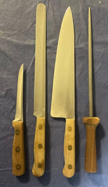 Vintage Chicago Cutlery Oak Wood Block + Knives + Sharpener 44S 66S CT7 62S