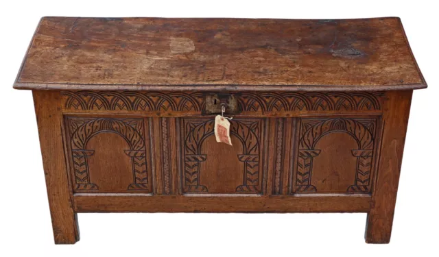 Antique Georgian 18th Century carved oak coffer or mule chest 2