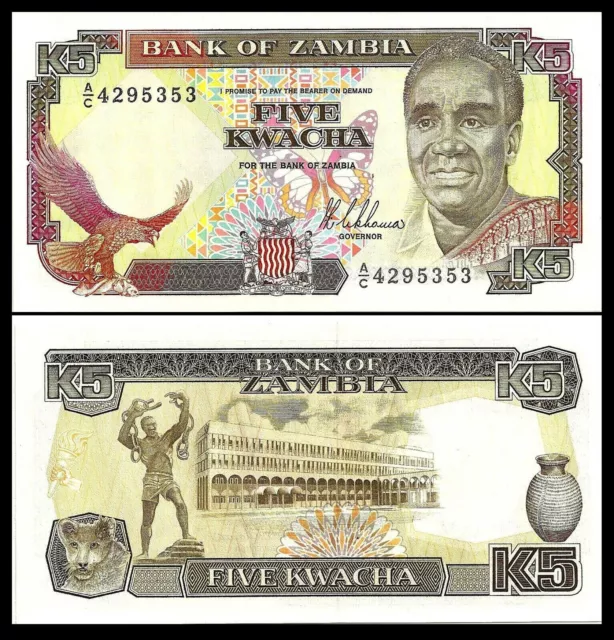 ZAMBIA 5 NOTE SET  5 10 20 100 500 KWACHA 1980s P 30 31 32 34 35 UNC 2