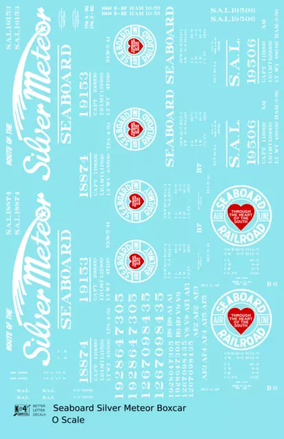 K4 O Decals Seaboard Air Line Silver Meteor Boxcar White and Red