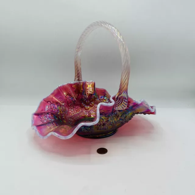 Candy Fenton Glass Basket Cranberry Purple Plum Opalescent Carnival Pink Floral