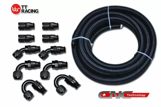 AN-10 Black Nylon PTFE Fuel Line Hose 6M + Swivel PTFE Fitting Set Kit Black