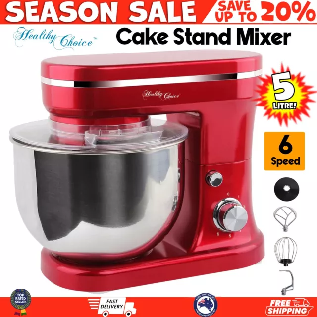 Healthy Choice Classic Stand Mixer Red 5L 1200W Kitchen Mix Master Whisk Hook