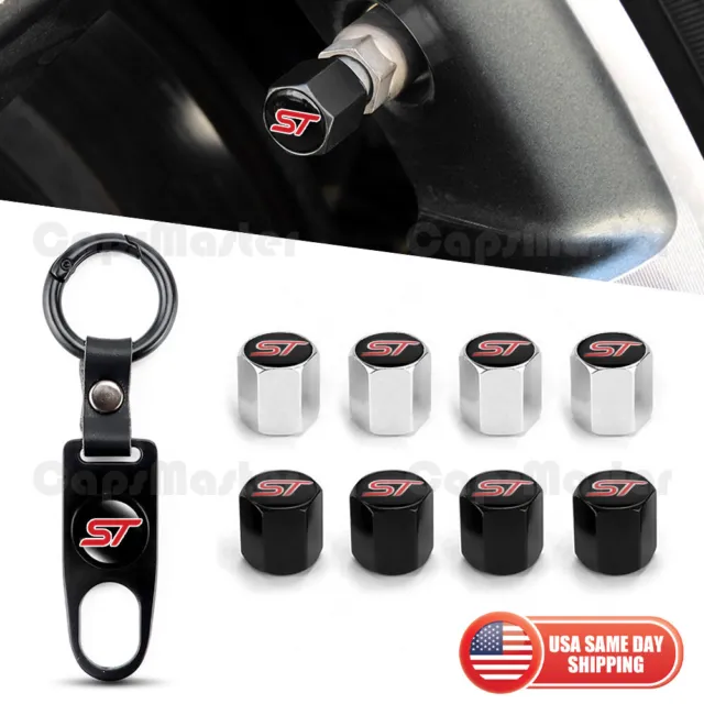 Car Wheels Tire Valve Dust Stem Air Cap Cover + Keychain Ring Fit Ford ST Sport
