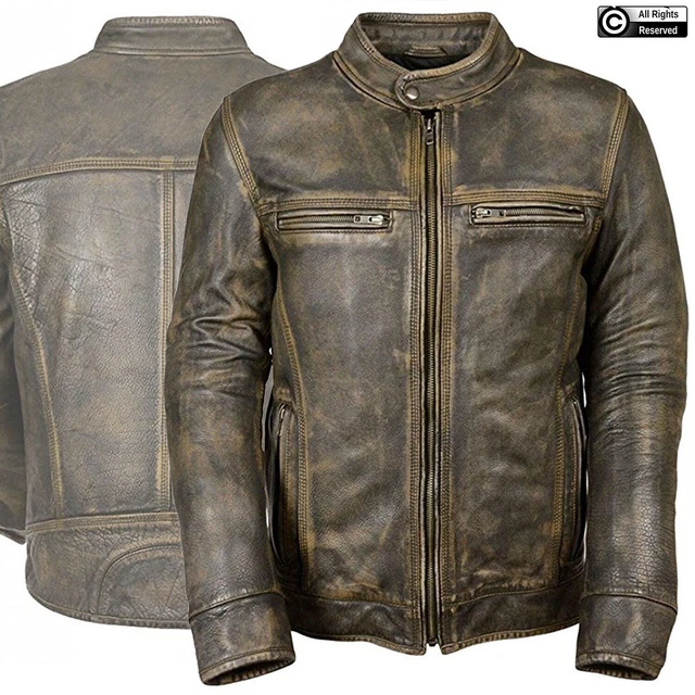Mens Vintage Biker Style Motorcycle Cafe Racer Distressed Genuine Leather Jacket