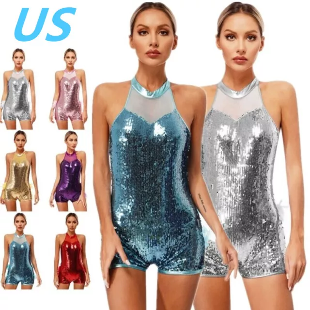 US Womens Sequins Mesh Splice Latin Dance Leotard One Piece Bodysuit Dancewear