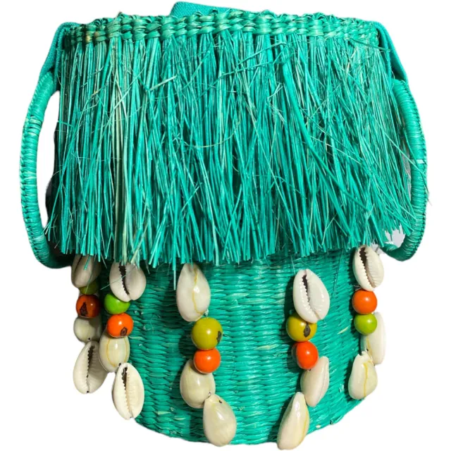 SensiStudio Handwoven Frayed Mini Bucket Bag Seashell Bead Boho Beach Eclectic