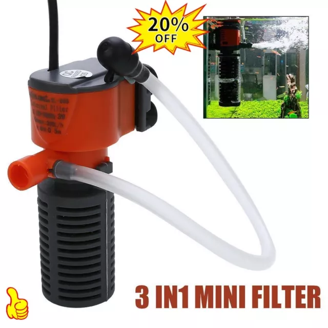 3 in 1 Aquarium Filter Submersible Oxygen Internal Fish Water Air Tank Pump