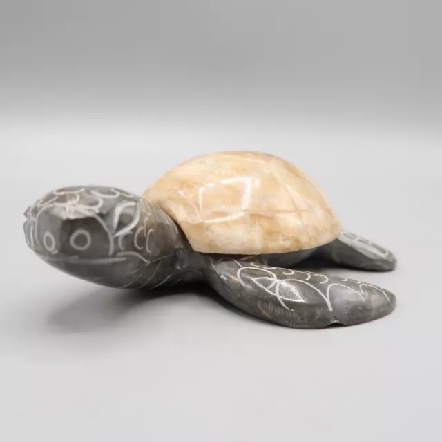 Hand Carved Sea Turtle Marble Stone Art 4" X 3" Figurine Gray Beige Paperweight 3