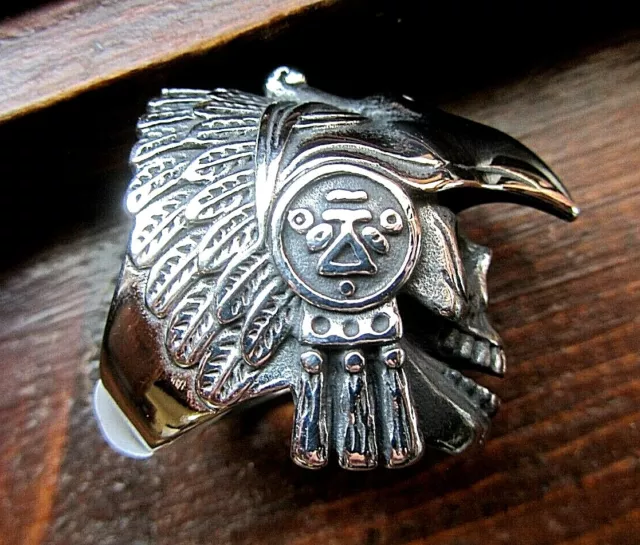 Skull-Face Aztec Warrior Stainless Steel Pre-Columbian Meso-American Silver Ring